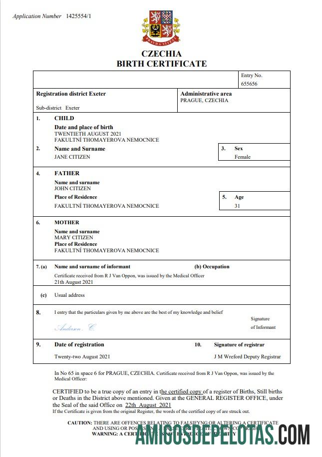 Imprimível modelo Word e PDF de certidão de nascimento de registro vital da República Tcheca
